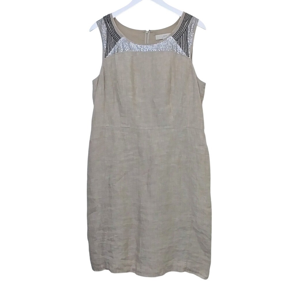 Ann Taylor LOFT Tan Linen Sequin Beaded Sheath Dress Size 14 Sleeveless‎ Beige